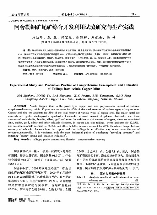 阿舍勒铜矿尾矿综合开发利用试验研究与生产实践