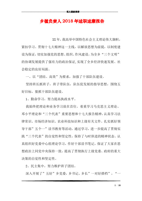 乡镇负责人2018年述职述廉报告