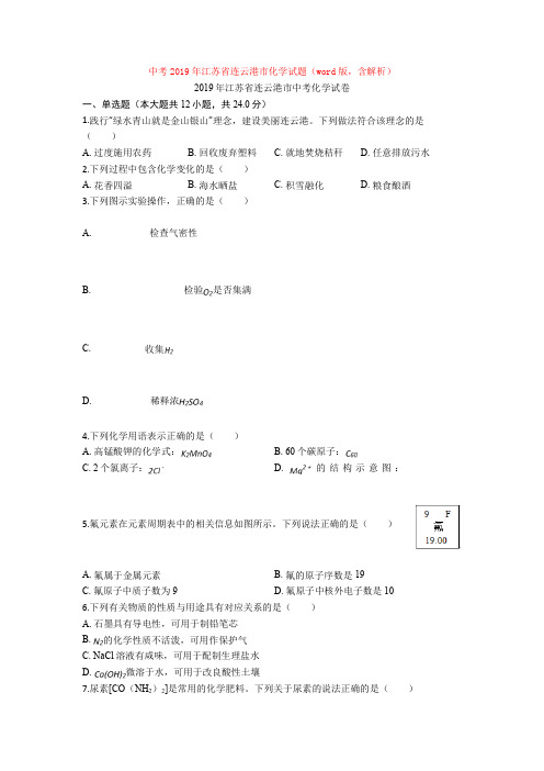 中考2019年江苏省连云港市化学试题(word版,含解析)