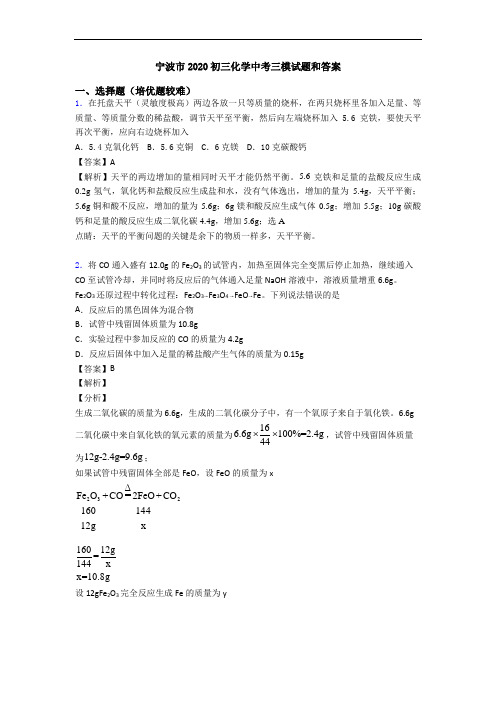 宁波市2020初三化学中考三模试题和答案