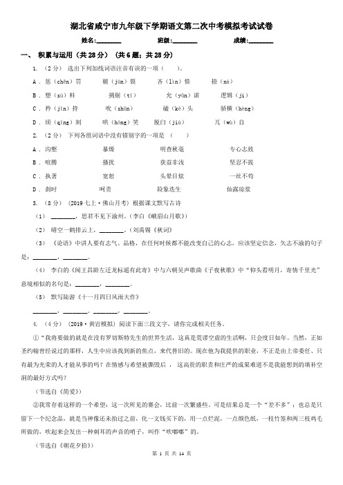 湖北省咸宁市九年级下学期语文第二次中考模拟考试试卷