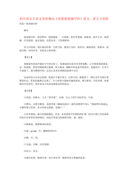 初中语文古诗文赏析柳永《尾犯夜雨滴空阶》原文、译文与赏析