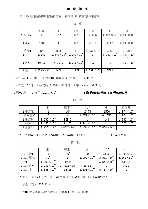常用物理单位换算表