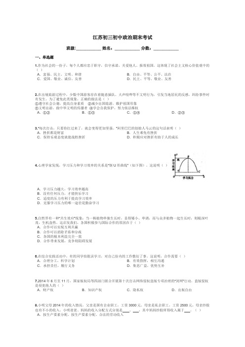江苏初三初中政治期末考试带答案解析
