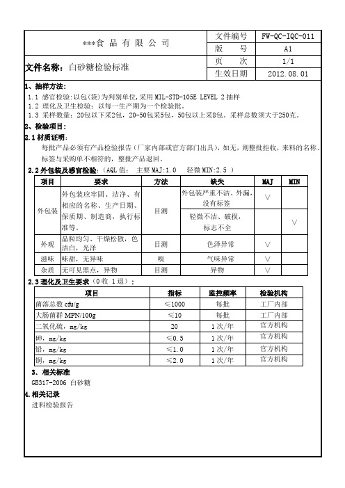 白砂糖检验标准