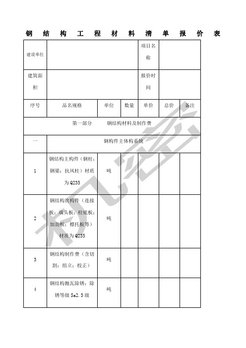 钢结构工程材料清单报价表