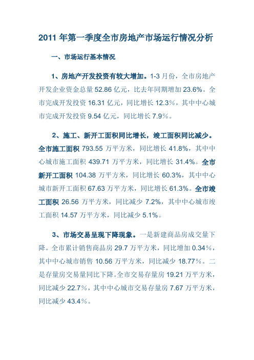 2011年第一季度全市房地产市场运行情况分析