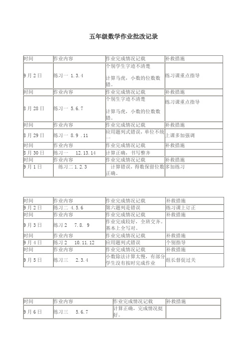 小学数学五年级作业批改记录