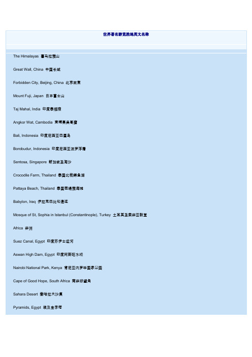 世界著名游览胜地英文名称