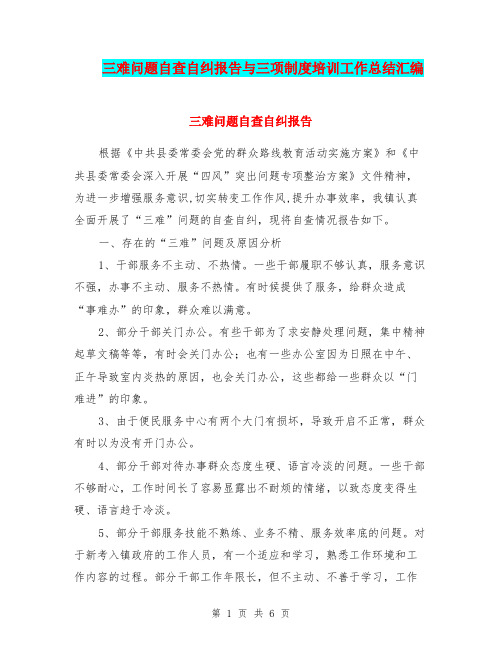 三难问题自查自纠报告与三项制度培训工作总结汇编