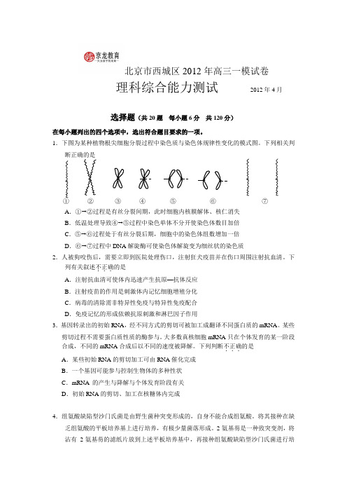 北京市西城区2012年高三一模试卷生物