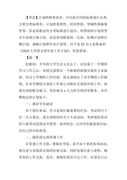 2019大学团支部年度工作计划