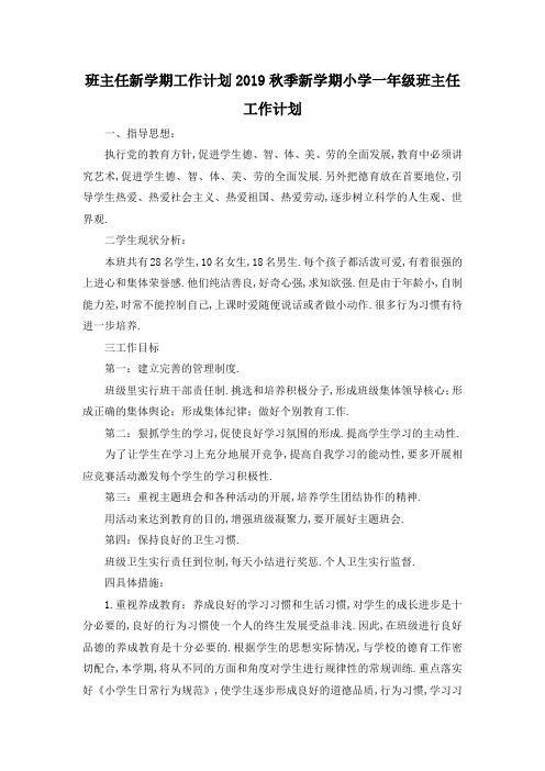 最新-班主任新学期工作计划 2019秋季新学期小学一年级班主任工作计划 精品