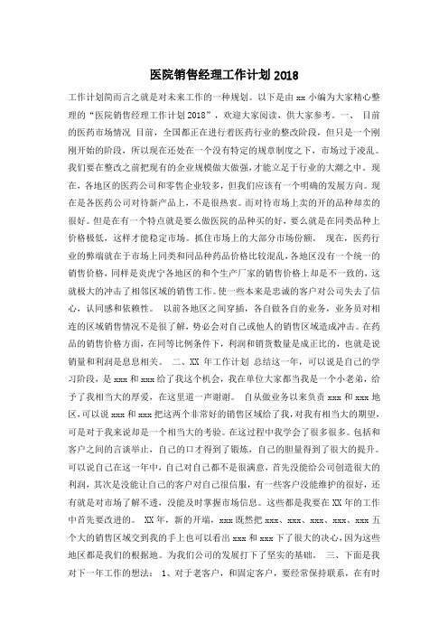 医院销售经理工作计划2018