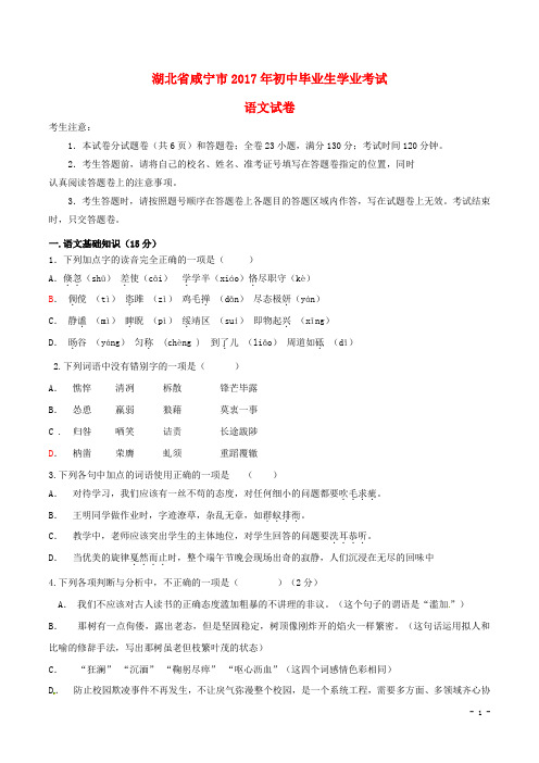湖北省咸宁市中考语文真题试题(含答案)