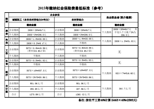 2015年缴纳社会保险费最低标准