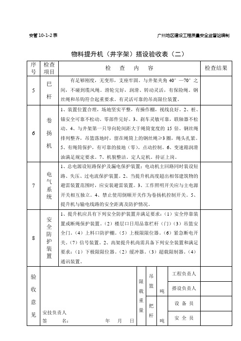 10-1-2—物料提升机(井字架)搭设验收表(二)