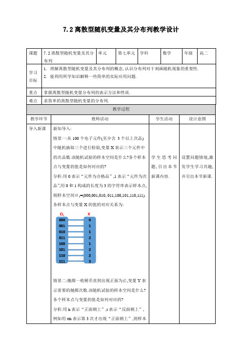 人教版高中数学选修三7.2  离散型随机变量及其分布列教学设计模板