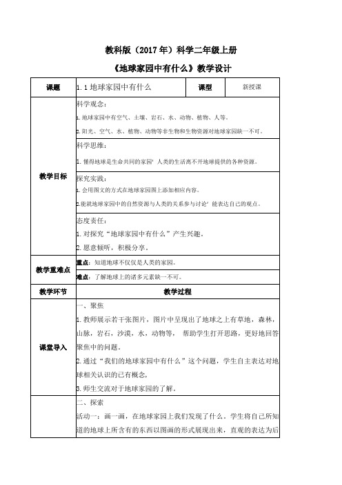 1.1地球家园中有什么(教学设计)二年级科学上册(教科版)