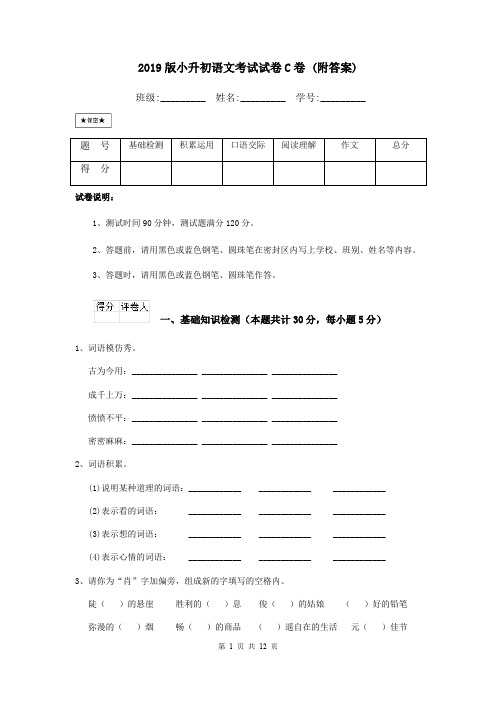 2019版小升初语文考试试卷C卷 (附答案)