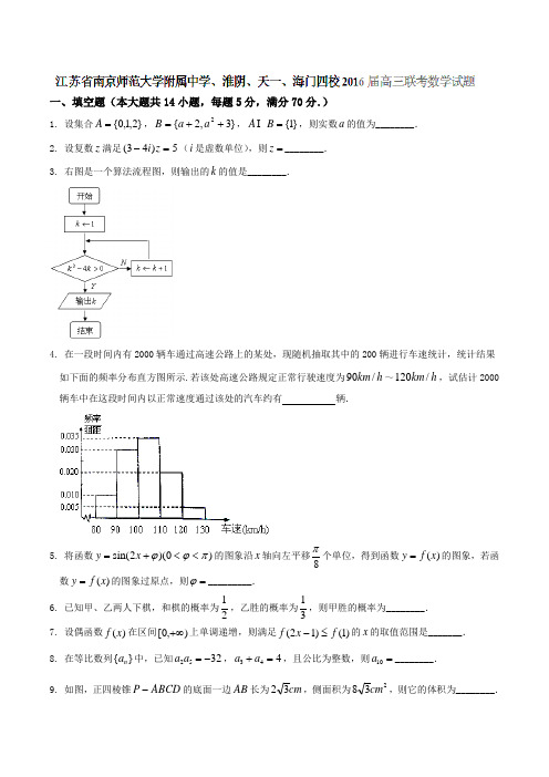 江苏省南京师范大学附属中学、淮阴、天一、海门四校2016届高三联考数学试题(原卷版)