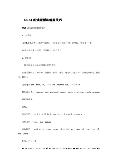 SSAT阅读题型和解题技巧