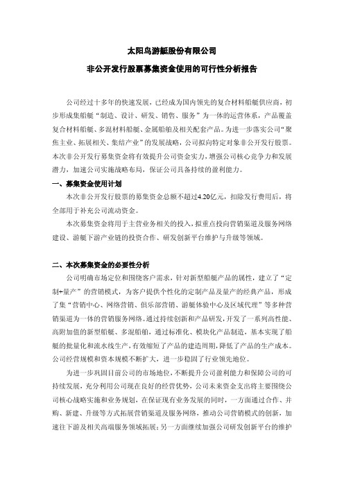 太阳鸟：非公开发行股票募集资金使用的可行性分析报告