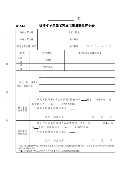 锚喷支护单元工程施工质量验收评定表表(深水)3.13