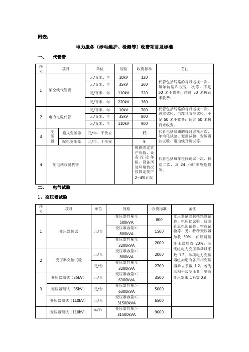 电力服务收费项目及标准