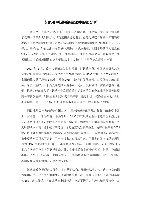 专家对中国钢铁企业并购的分析