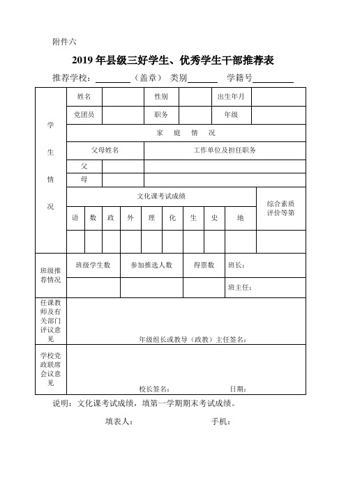 (附件六  ) 三好学生、优秀学生干部推荐表(样表)