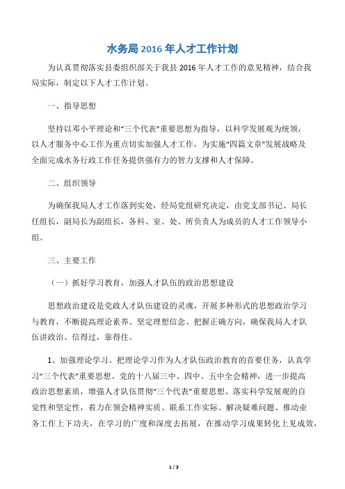 水务局2016年人才工作计划