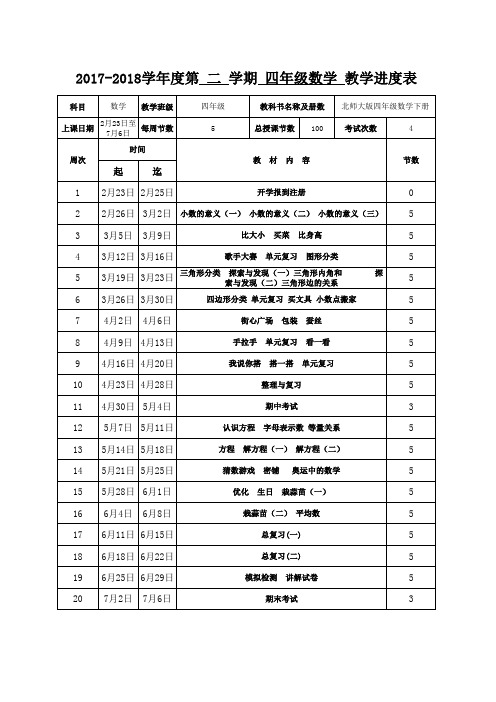 北师大版四年级数学下册进度表