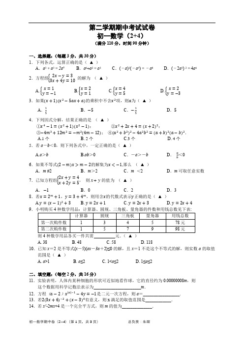 初中 七年级 第二学期 初一数学 期中考试 试卷2