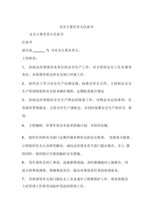 安全主要负责人任命书