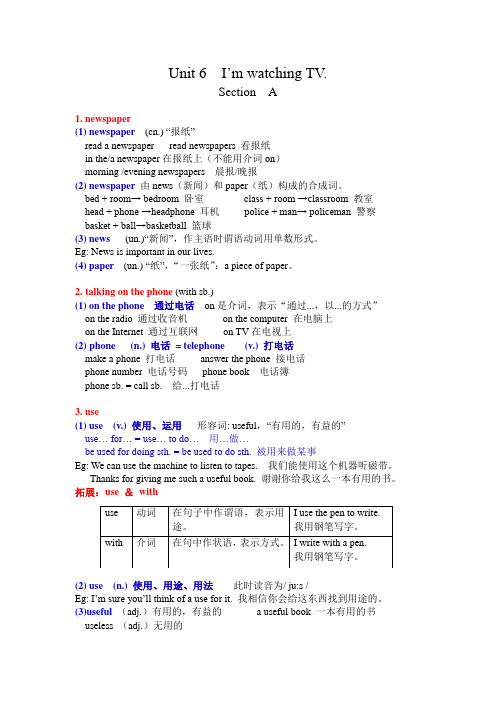 人教版七年级下册Unit 6   I’m watching TV.(section A)知识点讲解