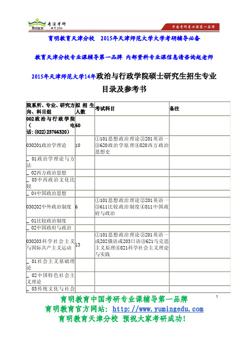 2015年天津师范大学14年政治与行政学院硕士研究生招生专业目录及参考书