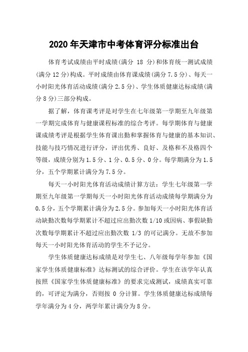 2020年天津市中考体育评分标准出台