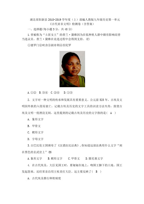 湖北省阳新县2018-2019学年度(上)部编人教版九年级历史第一单元《古代亚非文明》检测卷(含答案)