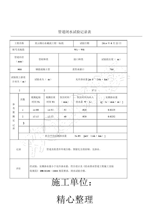 管道闭水试验记录表格模板