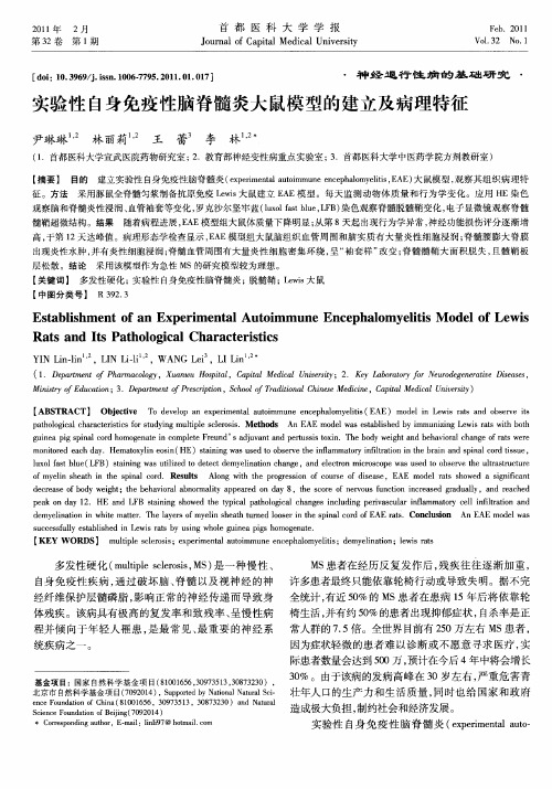 实验性自身免疫性脑脊髓炎大鼠模型的建立及病理特征