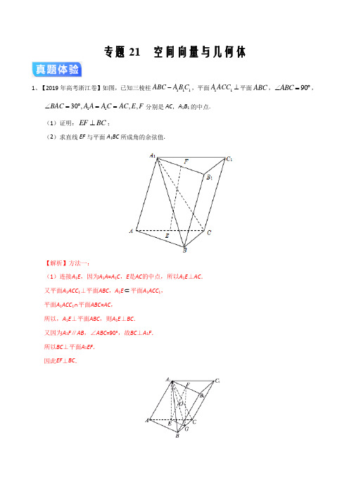 冲刺2021届高考数学二轮提升专题21  空间向量与几何体(解析版)