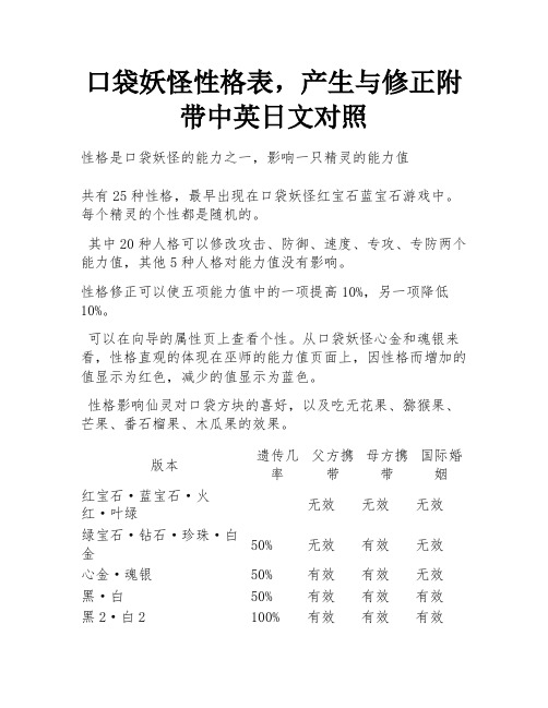 口袋妖怪性格表,产生与修正附带中英日文对照