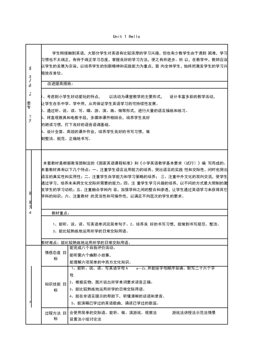 三年级英语上册Unit1Hello导学案(无答案)人教PEP