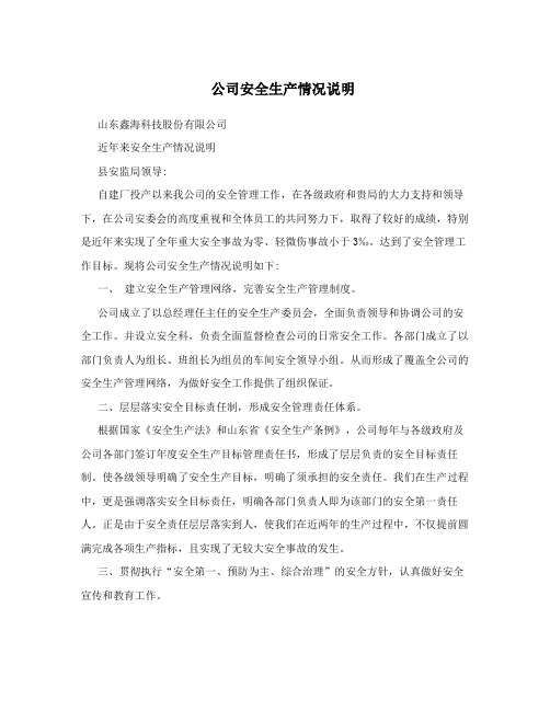 公司安全生产情况说明