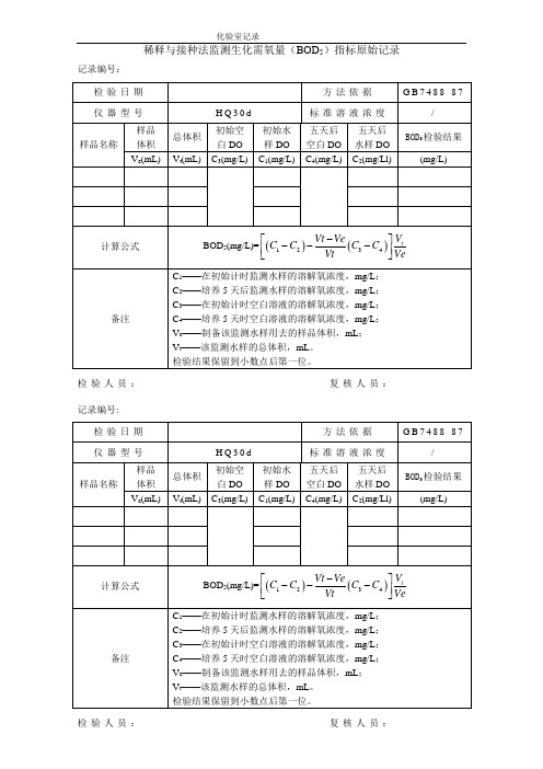 2稀释与接种法监测生化需氧量(BOD5)指标原始记录