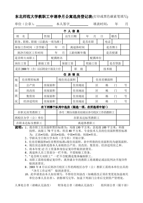 东北师范大学教职工申请净月公寓选房登记表
