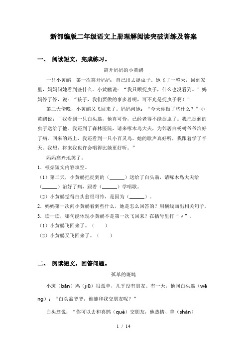 新部编版二年级语文上册理解阅读突破训练及答案