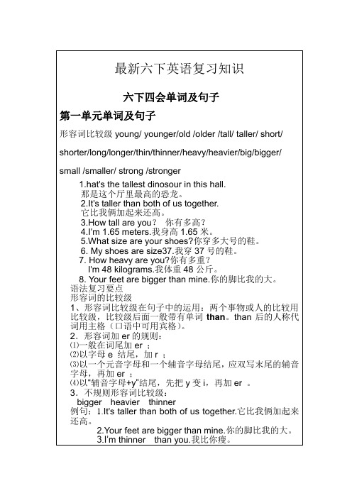 最新版PEP2015小学六年级下册精品知识点