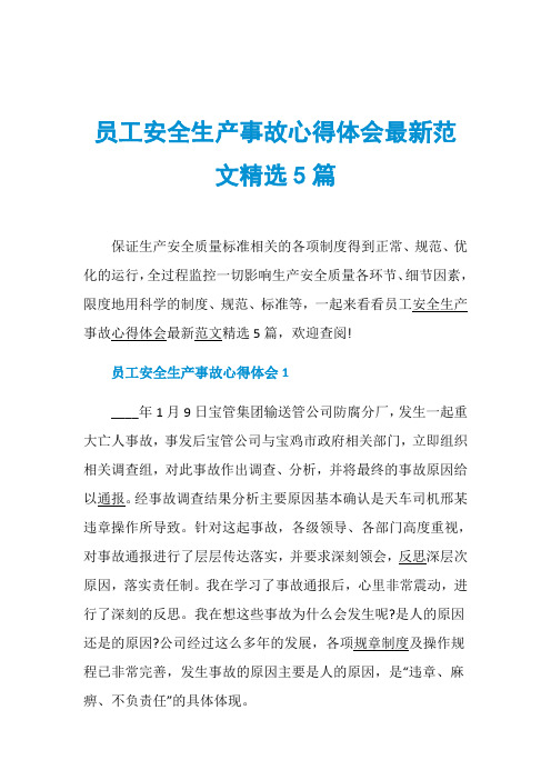 员工安全生产事故心得体会最新范文精选5篇